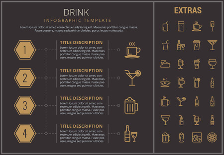 Drink infographic timeline template, elements and icons. Infograph includes numbered options, line icon set with bar drinks, alcohol beverage, variety of glasses, bottles, non-alcoholic beverages etc.のイラスト素材
