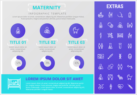 Maternity infographic template, elements and icons. Infograph includes customizable graphs, charts, line icon set with pregnant woman, breast feeding, child care, reproductive technologies etc.のイラスト素材