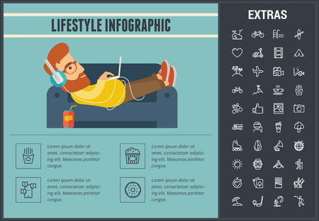 Lifestyle infographic template, elements and icons. Infograph includes line icon set with healthy and fast food, sport exercise, media, training machine, leisure activities, transport vehicle etc.のイラスト素材