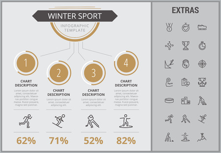 Winter sport infographic template, elements and icons. Infograph includes numbered customizable charts, line icon set with sport equipment, winner trophy, team games, champion pedestal, athlete etc.のイラスト素材