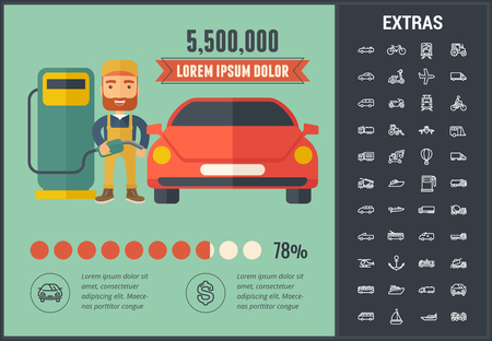 Transportation infographic template, elements and icons. Infograph includes customizable graph, line icon set with transport vehicle, truck trailer, airplane flight, car, construction vehicles etc.のイラスト素材