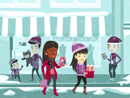 Diverse group of multiracial cheerful people walking with christmas presents on the background of shop with sale. Young people during Christmas shopping. Christmas concept. Vector cartoon illustrationのイラスト素材