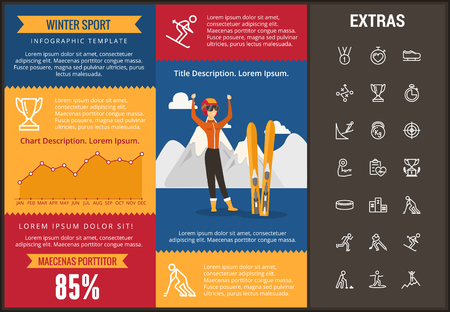 Winter sport infographic template, elements and icons. Infograph includes customizable graphs, charts, line icon set with sport equipment, winner trophy, team games, champion pedestal, athlete etc.のイラスト素材