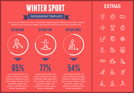 Winter sport infographic template, elements and icons. Infograph includes customizable graphs, three options, line icon set with sport equipment, trophy, team games, champion pedestal, athlete etc.のイラスト素材