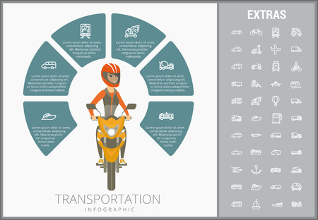 Transportation infographic template, elements and icons. Infograph includes customizable circular diagram, line icon set with transport vehicle, truck trailer, airplane flight, car, bus, train etc.のイラスト素材