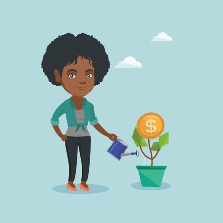 Young african-american business woman watering money flower with coin.のイラスト素材
