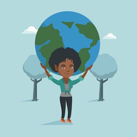 African-american happy business woman holding big Earth globe over her head.のイラスト素材