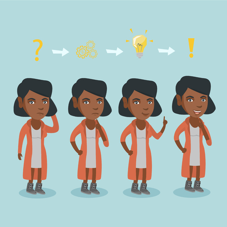 African business woman standing under question mark, gears, lightbulb, exclamation sign and working on a new business plan. Woman during business planning. Vector cartoon illustration. Square layoutのイラスト素材