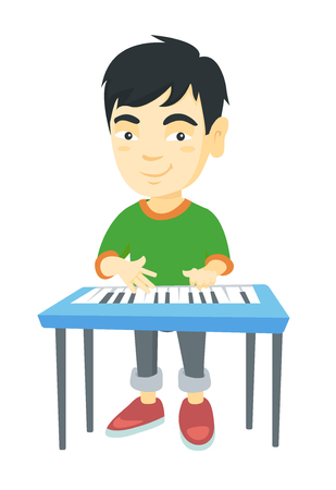 Little asian boy playing the piano. Full length of smiling boy  standing near the piano. Vector sketch cartoon illustration isolated on white background.のイラスト素材