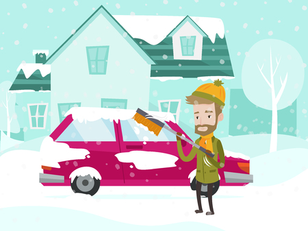 Young caucasian white man cleaning his car window from snow and ice with a brush on the street in the winter. Man removing snow from car with the help of special broom. Vector cartoon illustration.のイラスト素材