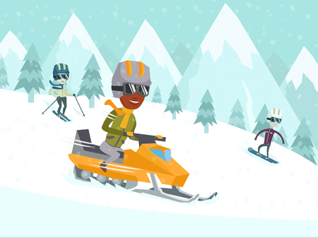 Diverse group of happy multicultural people driving snowmobile, skiing and snowboarding in winter mountains. Recreation on nature, winter holiday, winter sports concept.のイラスト素材