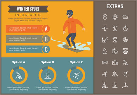Winter sport infographic template, elements and icons. Infograph includes customizable graphs, charts, line icon set with sport equipment, winner trophy, team games, champion pedestal, athlete etc.のイラスト素材