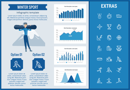 Winter sport infographic template, elements and icons. Infograph includes customizable graphs, charts, line icon set with sport equipment, winner trophy, team games, champion pedestal, athlete etc.のイラスト素材