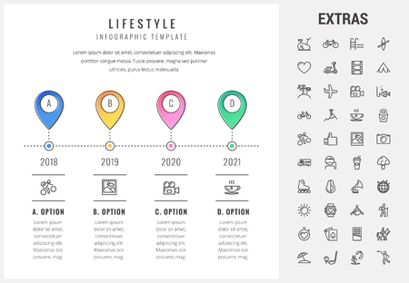 Lifestyle timeline infographic template, elements and icons. Infograph includes options with years, line icon set with healthy and fast food, sport exercise, training machine, leisure activities etc.のイラスト素材