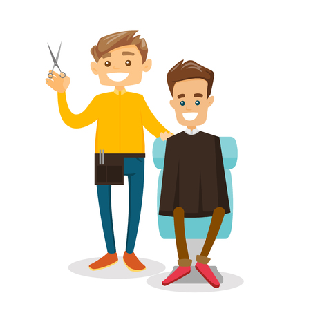 Caucasian white barber cutting the hair of a man in the barber shop. Stylist with scissors standing in the hairdresser saloon. Vector cartoon illustration isolated on white background. Square layoutのイラスト素材
