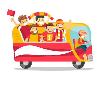 Bus full of cheerful Caucasian white football team players in red outfit celebrating the victory in the football championship. Vector cartoon illustration isolated on white background.のイラスト素材