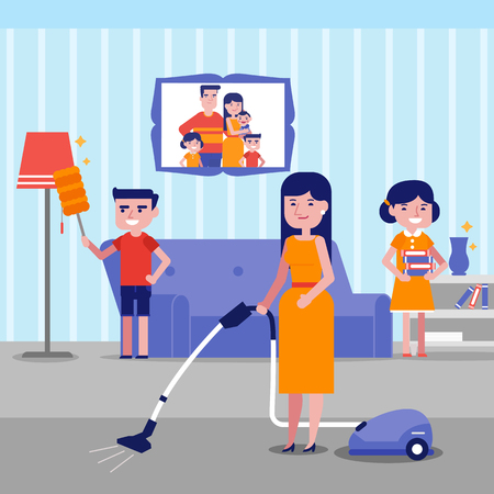 Caucasian white family having fun while cleaning living room with a vacuum cleaner and a brush for dust. Young mother with son and daughter cleaning house. Vector cartoon illustration. Square layout.のイラスト素材