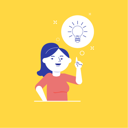 Caucasian white business woman pointing at business idea lightbulb. Young woman having successful business idea. Business idea concept. Vector cartoon illustration. Square layout. Material design.のイラスト素材