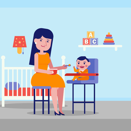 Young caucasian white mother feeding with a porridge her little baby sitting on kids chair at home in the living room. Mother feeding baby with a spoon. Vector cartoon illustration. Square layout.のイラスト素材