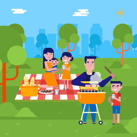 Young caucasian white man cooking shish kebab on barbecue grill for his family on a picnic in the park outdoors. Happy family having a picnic in the park. Vector cartoon illustration. Square layout.のイラスト素材