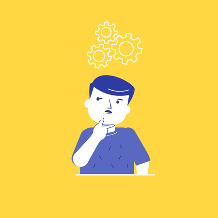 Focused caucasian white man thinking while standing under cogwheels. Thinking man during the process of ideas generation. Concept of idea, innovation . Vector cartoon illustration. Square layoutのイラスト素材