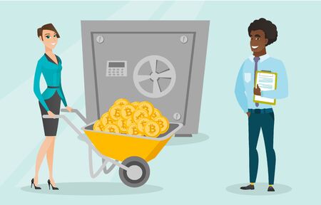Caucasian woman pushing wheelbarrow full of bitcoin coins on the background of a big safe symbolizing bitcoin cold wallet. Cryptocurrency cold wallet and security concept. Vector cartoon illustration.のイラスト素材