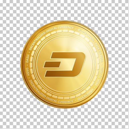 Golden dash coin. Crypto currency blockchain coin dash symbol isolated on transparent background. Realistic vector illustration.のイラスト素材