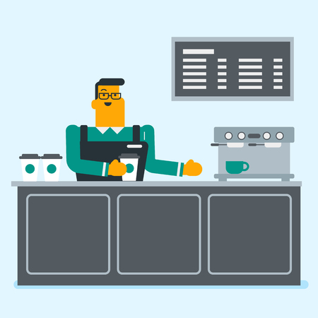 Young caucasian white friendly barista standing behind the counter with coffee-machine and making a cup of coffee. Vector cartoon illustration. Square layout.のイラスト素材