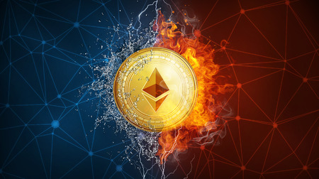 Golden ethereum coin in fire flame, water splashes and lightning. Ethereum blockchain hard fork Byzantium concept. Cryptocurrency symbol in storm with peer to peer network polygon background.の写真素材