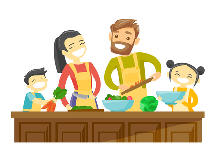Young multiracial parents with son and daughter cooking together at home. Couple with biracial kids having fun while preparing vegetable meal. Vector cartoon illustration isolated on white background.のイラスト素材