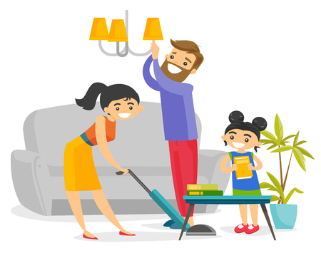 Young caucasian white family having fun while cleaning living room all together. Little daughter helping mother and father to clean a house. Vector cartoon illustration isolated on white background.のイラスト素材