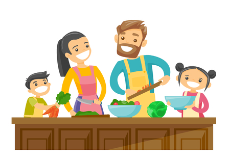 Young caucasian white parents with their son and daughter cooking together at home. Couple with kids having fun while preparing vegetable meal. Vector cartoon illustration isolated on white backgroundのイラスト素材
