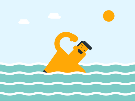 Cheerful active caucasian white man swimming in clean sea or ocean water. Tourism and vacation concept in cartoon illustration, Square layout.のイラスト素材