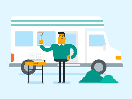 Young caucasian white man preparing meat on grill on the background of camper van. Man travelling by camper van and barbecuing meat outdoors in cartoon illustration, Square layout.のイラスト素材