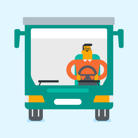 Young caucasian white bus driver sitting and holding steering wheel.のイラスト素材