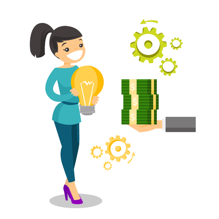 Young Caucasian white business woman exchanging her business idea light bulb for stack of money. Business woman selling her business idea. Vector cartoon illustration isolated on white background.のイラスト素材