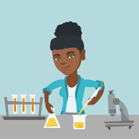 African-american student carrying out laboratory experiment. Young happy student working with a microscope and laboratory equipment with chemical liquid.のイラスト素材