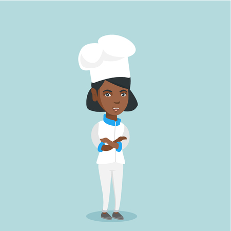 Cheerful african-american chief cook in uniform and hat standing with arms crossed.のイラスト素材