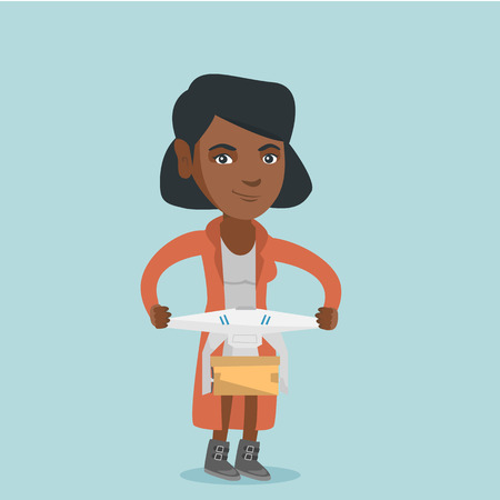 Young african woman controlling delivery drone with post package. Woman getting post package from delivery drone. Woman sending parcel with delivery drone.のイラスト素材