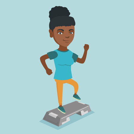 African-american sportswoman training with a stepper in the gym. Young sportswoman doing step exercises. Woman working out with a stepper in the gym. Vector cartoon illustration. Square layout.のイラスト素材