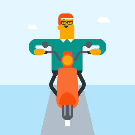 Young happy smiling caucasian white man in helmet riding a motorcycle on the country road. Glad motorcyclist driving a motorbike. Vector cartoon illustration. Square layout.のイラスト素材