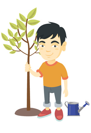 Asian smiling boy  planting a tree. Eco-friendly boy standing near newly planted tree and watering can. Vector sketch cartoon illustration isolated on white background.のイラスト素材