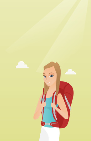 Young Caucasian white traveler woman standing with a backpack and enjoying her recreation time. Happy smiling woman during summer trip. Vector cartoon illustration. Vertical layout.のイラスト素材