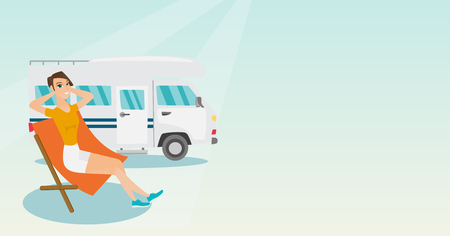 Young caucasian white woman sitting in a folding chair and giving thumb up on the background of camper van. Happy woman enjoying vacation in camper van. Vector cartoon illustration. Horizontal layout.のイラスト素材