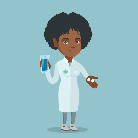 Young african-american pharmacist holding a glass of water and pills in hands. Smiling pharmacist in medical gown giving medication. Doctor offering pills. Vector cartoon illustration. Square layout.のイラスト素材