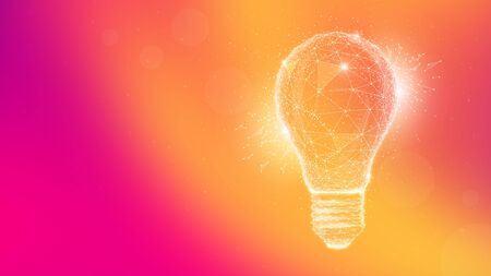 Polygon idea light bulb on blurred gradient multicolored background. Global cryptocurrency blockchain business banner concept. Lamp symbolize inspiration, innovation, invention, effective thinking.の写真素材