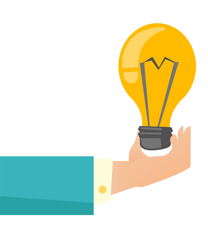 Hand of business person holding a bright light bulb. Business idea concept. Vector cartoon illustration isolated on white background.のイラスト素材