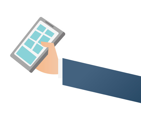 Businessman hand holding a smartphone and tapping on touch screen vector cartoon illustration isolated on white background.のイラスト素材