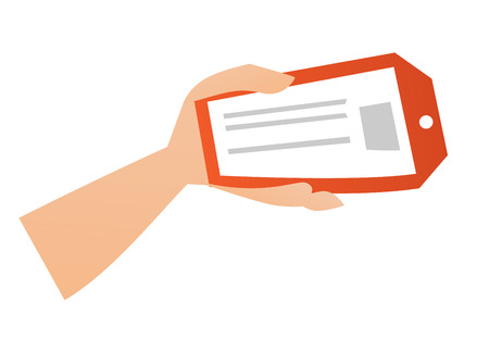 Hand holding a red price tag vector cartoon illustration isolated on white background.のイラスト素材
