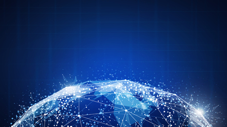 Blockchain technology futuristic hud background with world map and blockchain peer to peer network. Global cryptocurrency blockchain business banner concept.の写真素材